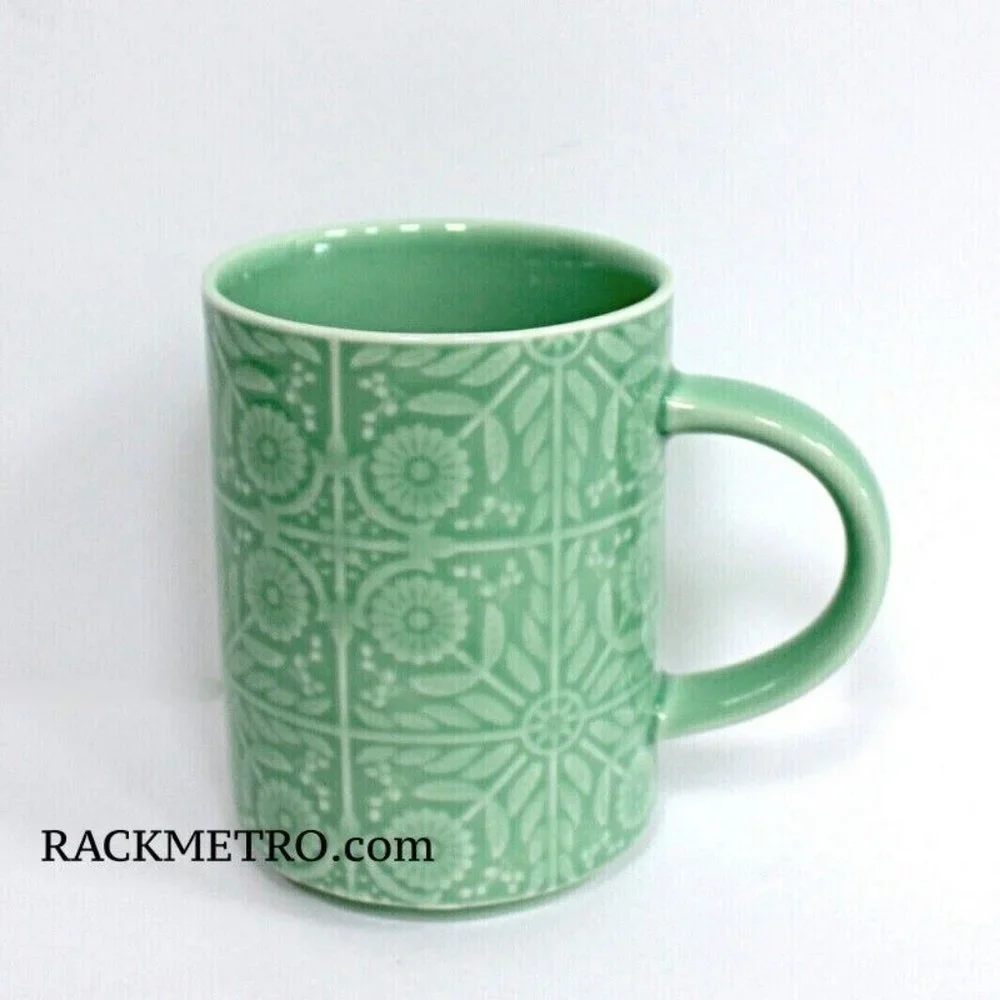 Starbucks Jade Green Floral Handle Coffee Mug Cup 12 oz